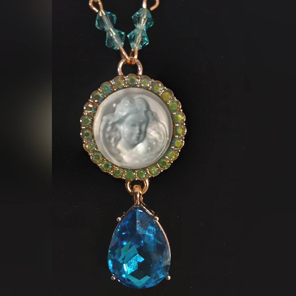 Handmade Angel Cameo Glass Necklace Teal Green 22" Long Chain Mother's Day Gift - Picture 2 of 9